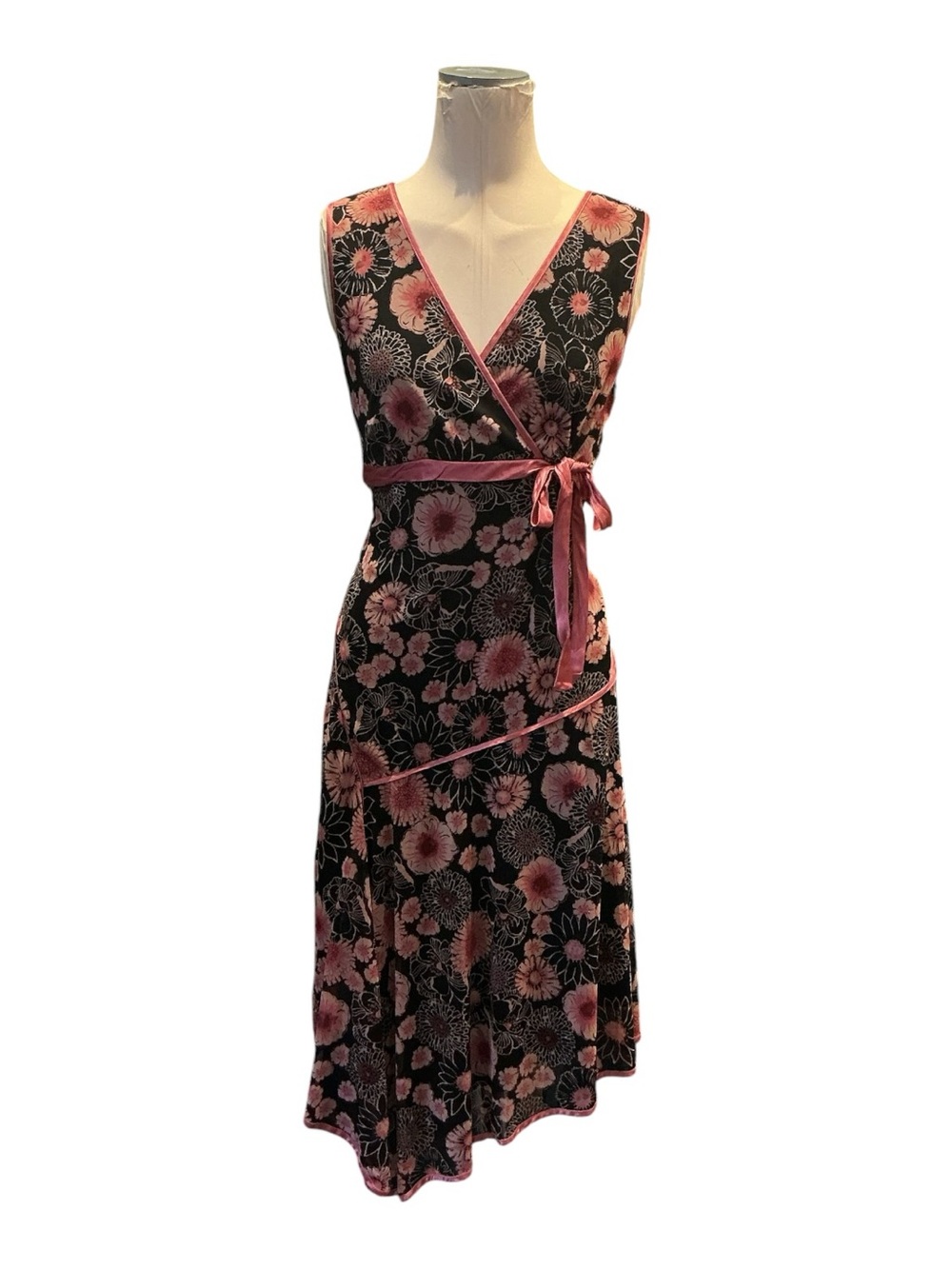 Vintage Y2K M Collection Floral Drop Waist Asymmetrical Midi Dress with Pink Rib